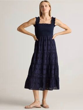Quince Organic Cotton Eyelet Smocked Midi Dress